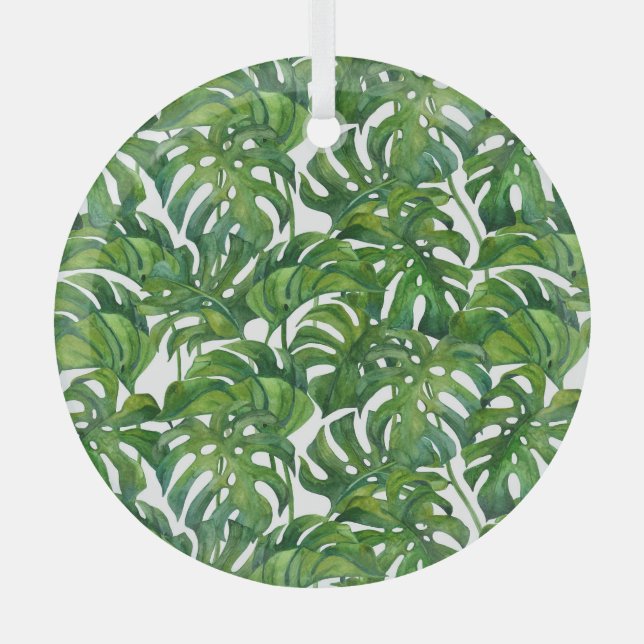 Ornement En Verre Green Monstera Feuilles Tropical sans couture (Recto)