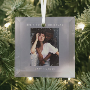 Ornement En Verre Gris minimal moderne   Joyeuse photo et mariée