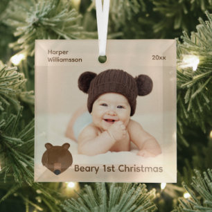 Ornement En Verre Grizzly Bear Photo Baby First Christmas