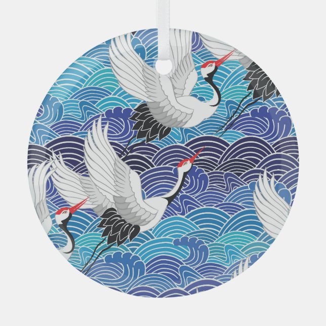 Ornement En Verre Grue japonaise : Motif orné d'oiseaux. (Recto)