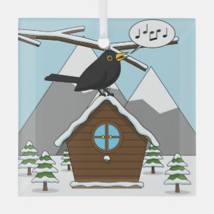Ornement En Verre Happy Blackbird chanter dans le paysage hivernal