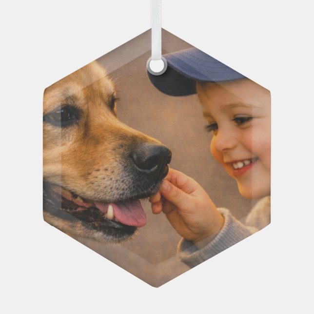 Ornement en verre hexagonal Garçon et son chien (Recto)