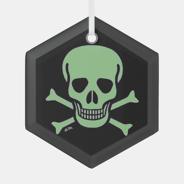 Ornement en verre hexagone de Crâne vert (Recto)
