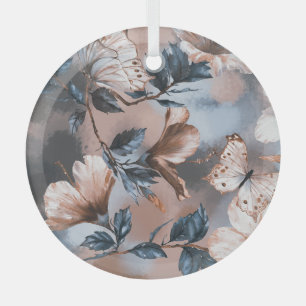 Ornement En Verre Hibiscus floral aquarelle, motif papillon.