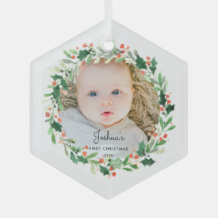 Ornement En Verre Holly Christmas Wreath Photo Baby First Christmas