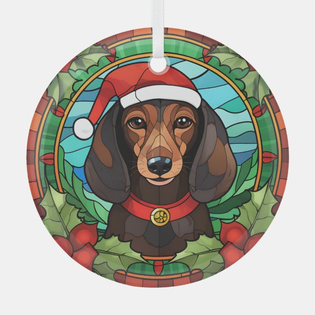 Ornement En Verre Holly Wreath Brown Dachshund Noël (Recto)