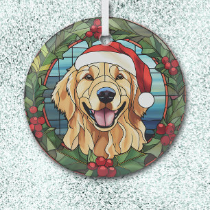 Ornement En Verre Holly Wreath Golden Retriever Chien Noël