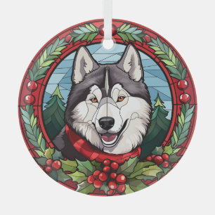 Ornement En Verre Holly Wreath Siberian Husky Chien Noël