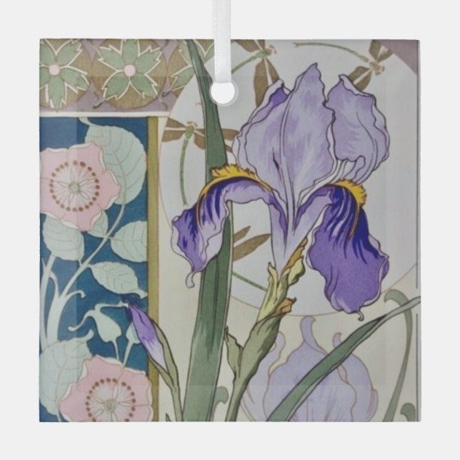 Ornement En Verre Illustration d'iris vintage (Recto)