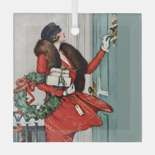 Ornement En Verre Illustration vintage de Noël sur le pas de la port