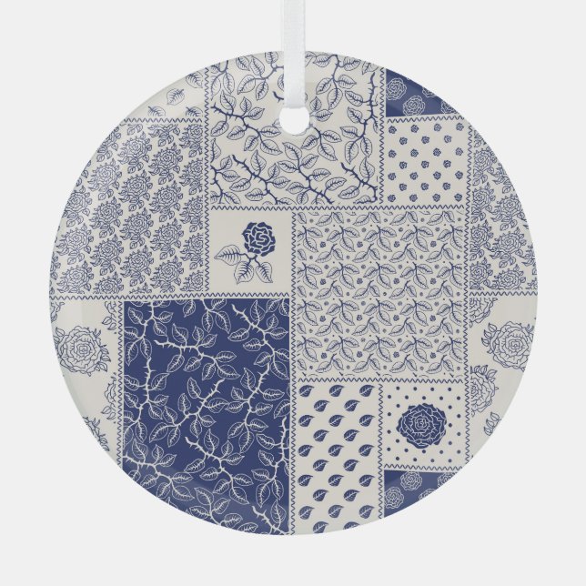 Ornement En Verre Indigo Bleu Beige Floral Patchwork (Recto)
