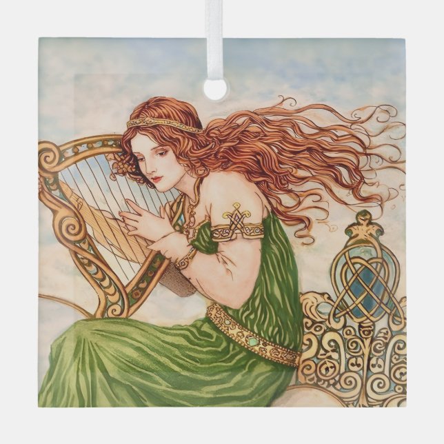 Ornement En Verre Irish Goddess Playing Harp – Celtic Art Nouveau  (Recto)