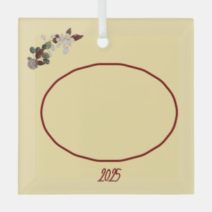 Ornement En Verre Jaune Beurre & Fleurs Photo Rouge Profond Noël