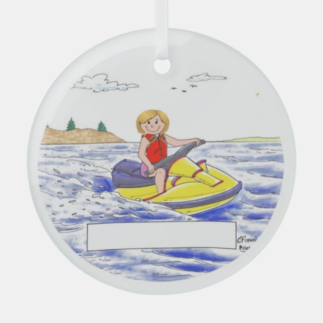 Ornement En Verre Jet Skier Personnalisé - Femme, Blonde (Recto)