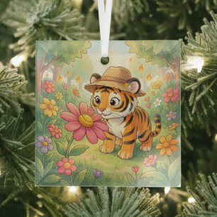 Ornement En Verre Jeune tigre mignon avec chapeau dans le jardin