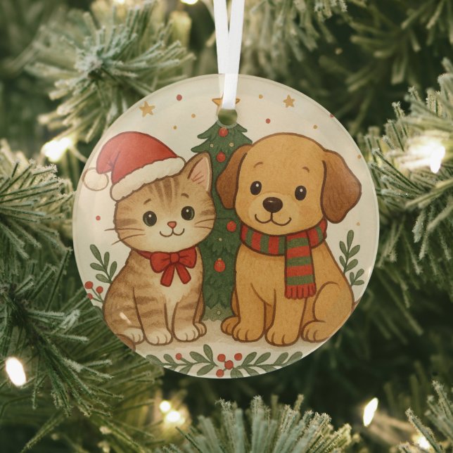 Ornement En Verre Joie de Noël de chiot et chaton (Insitu)
