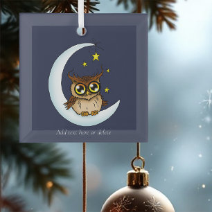 Ornement En Verre Joli Hibou Brun Croissant Lune Étoiles Bleu