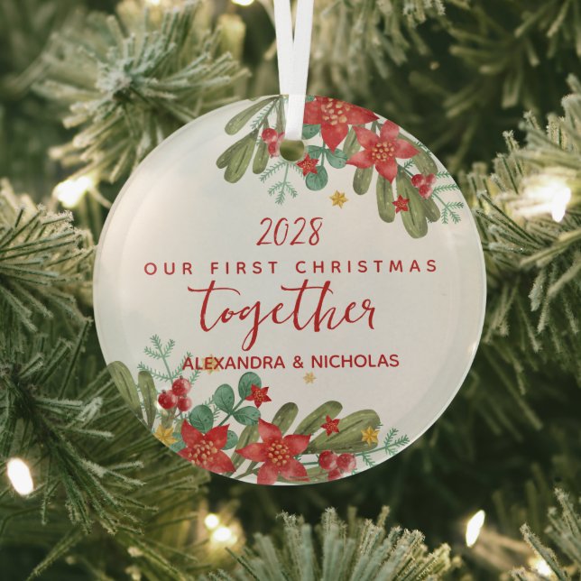 Ornement En Verre Jolie Poinsettia Premier Noël Personnalisé (Insitu)