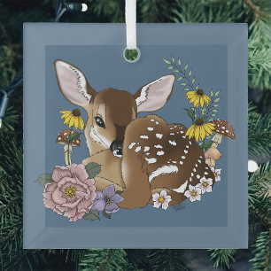 Ornement En Verre Jolies Fleurs Sauvages Faon Bleu Bébé Cerf Forêt