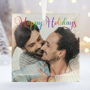 Ornement En Verre Joyeuses vacances Rainbow Gay Couple Photo Noël