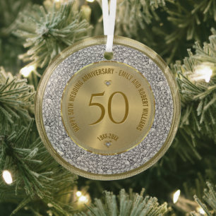 Ornement En Verre Joyeux 50e anniversaire de mariage diamants et or