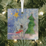 Ornement En Verre Joyeux Arbre De Noël Et Aquarelle De Snowman Froid<br><div class="desc">Verre en forme de carré Décoration Arbre de Noël Hanging Ornement imprimé avec Joyeux Arbre de Noël et Snowman givrée peinture aquarelle conception originale et sélection de produits collection par TheFabricSeal impression sur demande shop à Zazzle.com #ZazzleMade https://www.zazzle.com/store/thefabricseal TheFabricSeal ©️ Original. Cette image design joyeusement amusante est une aquarelle peinte...</div>