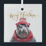 Ornement En Verre Joyeux chapeau et foulard de Noël Hippo<br><div class="desc">Joyeux Hippo de Noël dans un chapeau de Père Noël et écharpe</div>