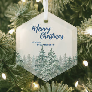 Ornement En Verre Joyeux Noël arbres forêt Aquarelle script