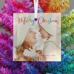 Ornement En Verre Joyeux Noël Arc en ciel Script Famille Photo Plutô<br><div class="desc">Magnifique arc-en-ciel Joyeux ornement photo de Noël avec belle typographie arc-en-ciel cursive. Ce cadeau de famille de vacances moderne présente une superbe présentation de script coloré et votre nom en rouge sur l'image de fond.</div>