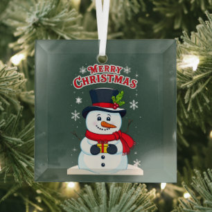 Ornement En Verre Joyeux Noël avec un Bonhomme de Neige Magique