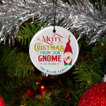 Ornement En Verre Joyeux Noël De Notre Gnome À Votre<br><div class="desc">Joli et festif design de typographie rétro avec un gnome mignon avec un texte-Joyeux Noël de notre gnome au vôtre.</div>