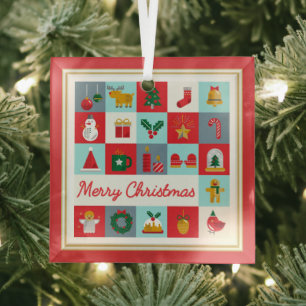 Ornement En Verre Joyeux Noël Icones Rétro Rouge Aqua Damier