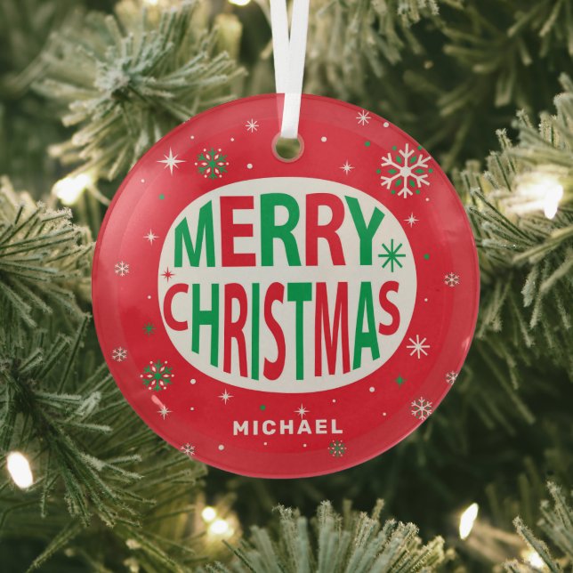 Ornement En Verre Joyeux Noël Moderne Fête Rouge Personnalisé (Insitu)