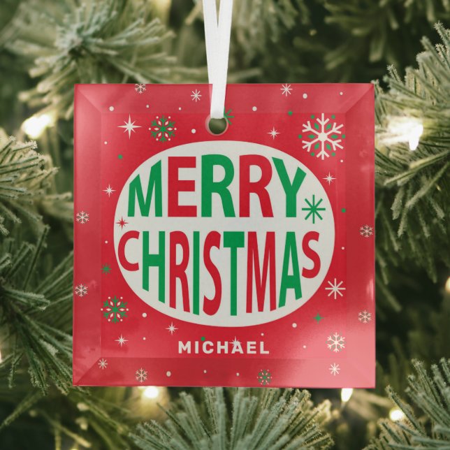 Ornement En Verre Joyeux Noël Moderne Fête Rouge Personnalisé (Insitu)