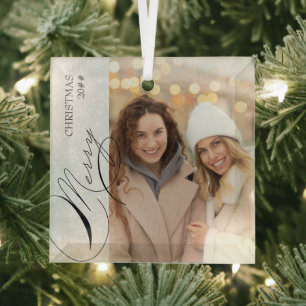 Ornement En Verre Joyeux Noël Photo Vertical Flocon de Neige