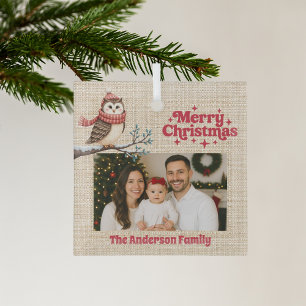 Ornement En Verre Joyeux Noël rouge photo burlap beige hibou