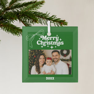 Ornement En Verre Joyeux Noël vert photo arc dessiné main rétro