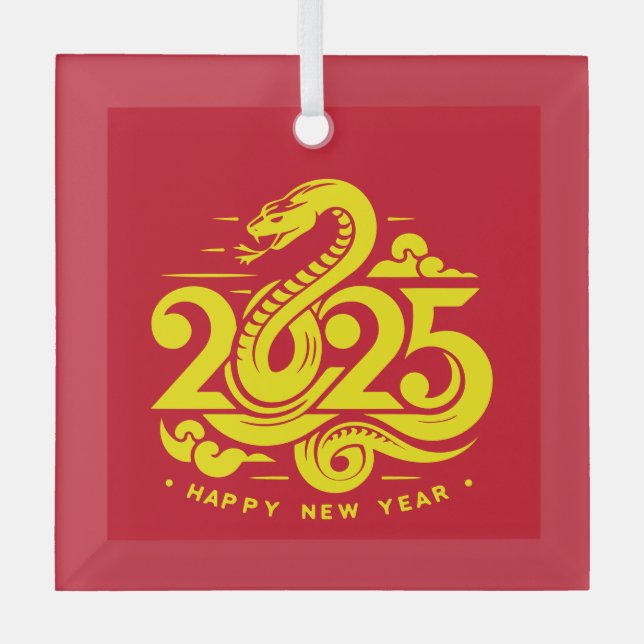 Ornement En Verre Joyeux Nouvel An chinois moderne du serpent 2025 (Recto)