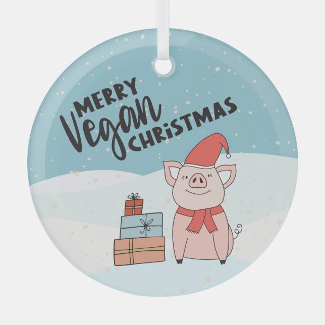 Ornement En Verre Joyeux Vegan Noël joli dessin animé piglet & cadea (Recto)