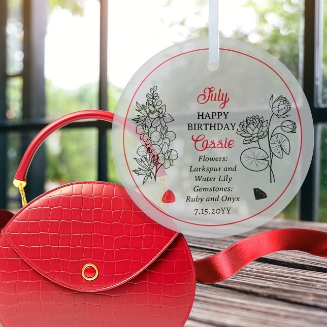 Ornement En Verre Juillet Larkspur et Lys d'eau Anniversaire Gardien (July Larkspur and Water Lily Floral | Ruby and Onyx Gemstones Birthday Keepsake Glass Ornament)