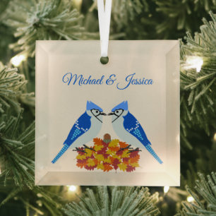Ornement En Verre Kissing Blue Jays Mariage de automne personnalisé