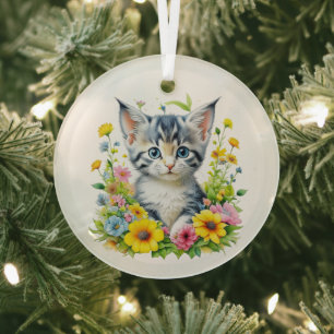 Ornement En Verre Kit de fleurs de chaton à l'aquarelle Noël
