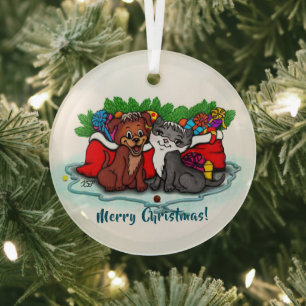 Ornement En Verre Kitty et chiot, Happy XMas