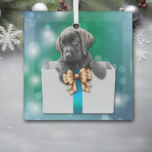 Ornement En Verre Labrador Retriever Puppy in Box Bokeh Christmas