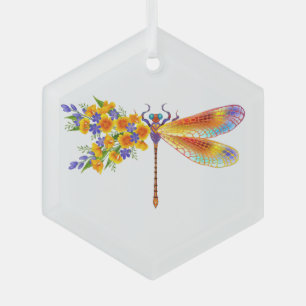 Ornement En Verre Libellule Fleur Jaune