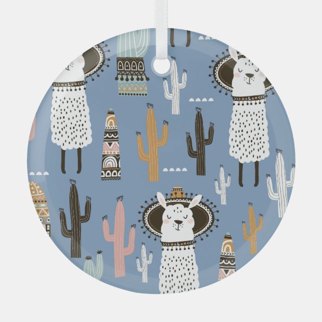 Ornement En Verre Llama, Cactus, Motif d'éléments à main. (Recto)