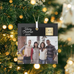 Ornement En Verre Logo de la photo d'entreprise noir Noël<br><div class="desc">Couleur arrière - plan noir classique,  texte blanc. Texte : Joyeux Noël. Personnalisez et ajoutez-vous le logo de l'entreprise,  la photo et un an.</div>