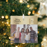 Ornement En Verre Logo de la photo d'entreprise or Noël<br><div class="desc">Faux d'or classique,  couleur arrière - plan,  texte noir. Texte : Joyeux Noël. Personnalisez et ajoutez-vous le logo de l'entreprise,  la photo et un an.</div>