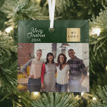 Ornement En Verre Logo de la photo d'entreprise vert Noël<br><div class="desc">Couleur arrière - plan verte classique,  texte blanc. Texte : Joyeux Noël. Personnalisez et ajoutez-vous le logo de l'entreprise,  la photo et un an.</div>