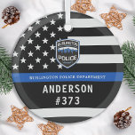 Ornement En Verre Logo personnalisé du service de police Bleu Police<br><div class="desc">Jeu de Noël du département de police de la Ligne Bleue Mince - drapeau américain dans les couleurs du drapeau de la police, design moderne noir et bleu. Customisez avec le logo de votre service et personnalisez avec le nom et le numéro d'insigne des policiers. Ce vêtement personnalisé d'application de...</div>